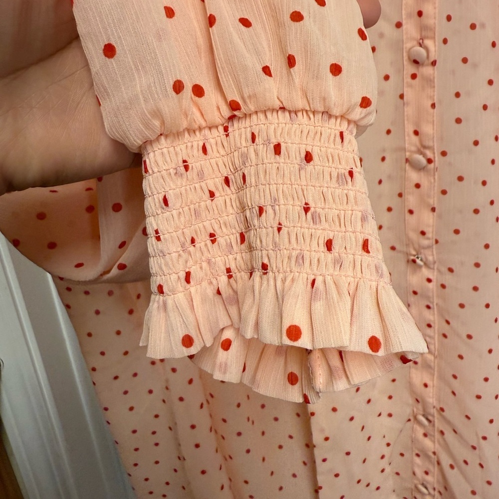 torrid Pink Polka Dot Tie-Neck Blouse with Red Dots - Picture 9 of 14